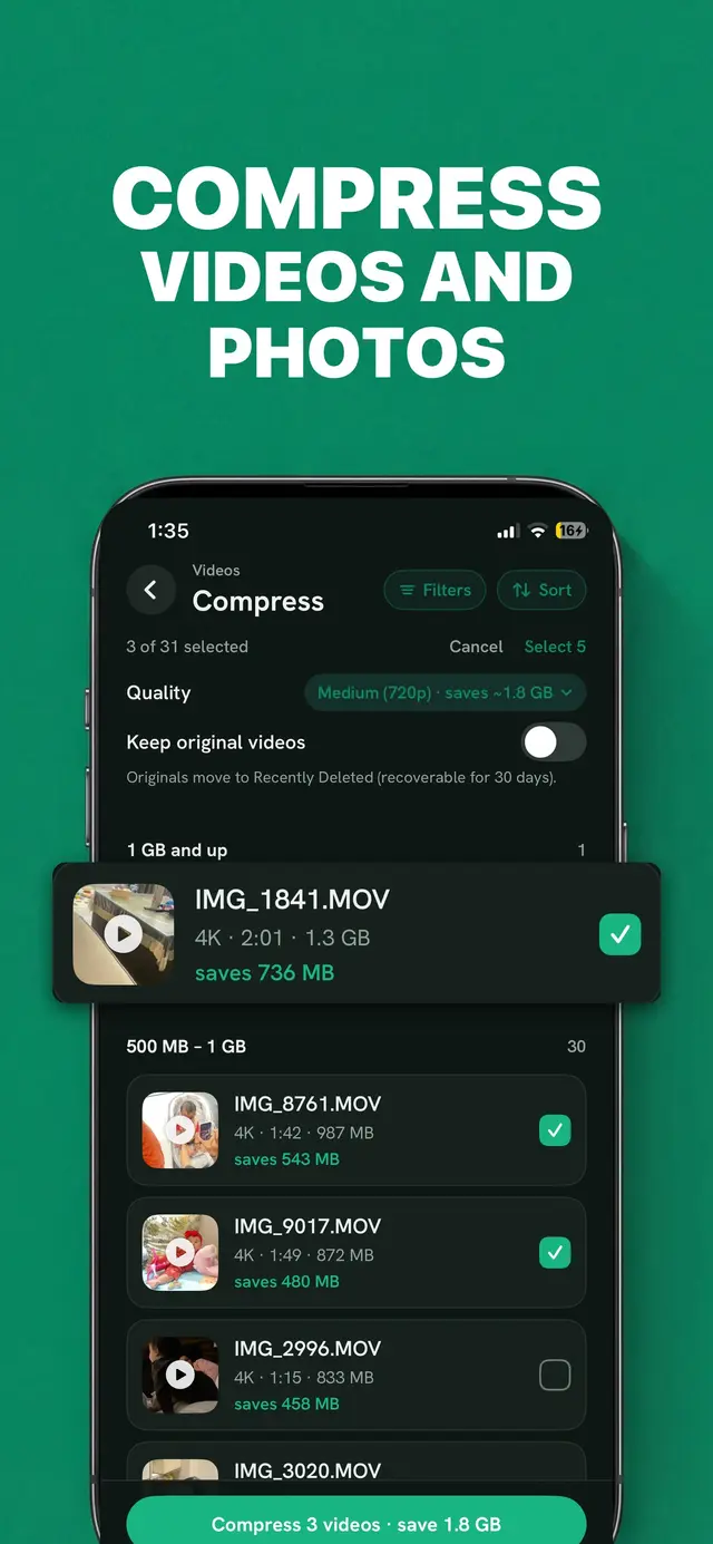 Compress screen in Declutta: quality set to Medium 720p saving about 1.8 GB, a Keep original videos toggle, and 4K clips grouped by size with a 1.3 GB file saving 736 MB, under a button reading Compress 3 videos, save 1.8 GB