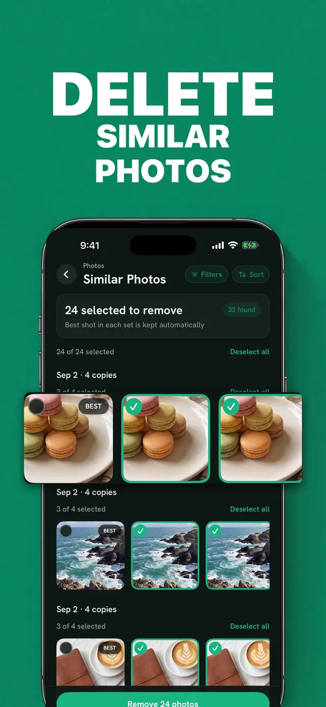 Similar Photos screen in Declutta: 24 selected to remove of 32 found, best shot in each set kept automatically, with groups of four near-identical photos where the first is badged BEST and the rest are ticked
