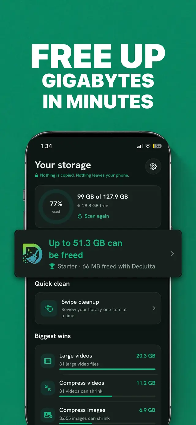Declutta home screen on iPhone: a storage ring reading 77% used, 99 GB of 127.9 GB, and a card reading "Up to 51.3 GB can be freed", above a Biggest wins list showing Large videos 20.3 GB, Compress videos 11.2 GB and Compress images 6.9 GB