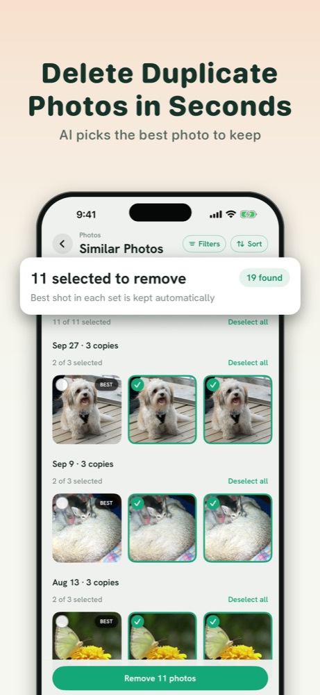 Declutta duplicate photos screen, with sets of matching photos grouped and the best copy in each set kept