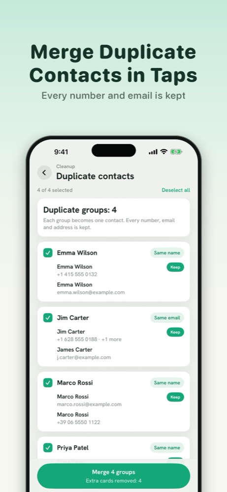 Declutta duplicate contacts screen, showing matching contact cards ready to merge