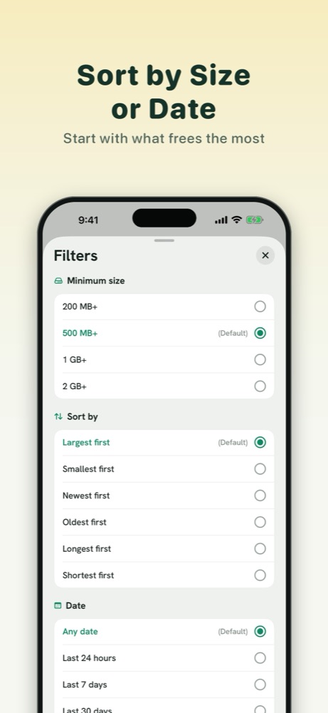 Declutta filter sheet, with minimum size, sort order and date range options